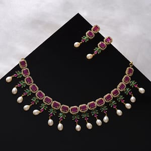 Leafy Pearl Necklace Set With AD Stone