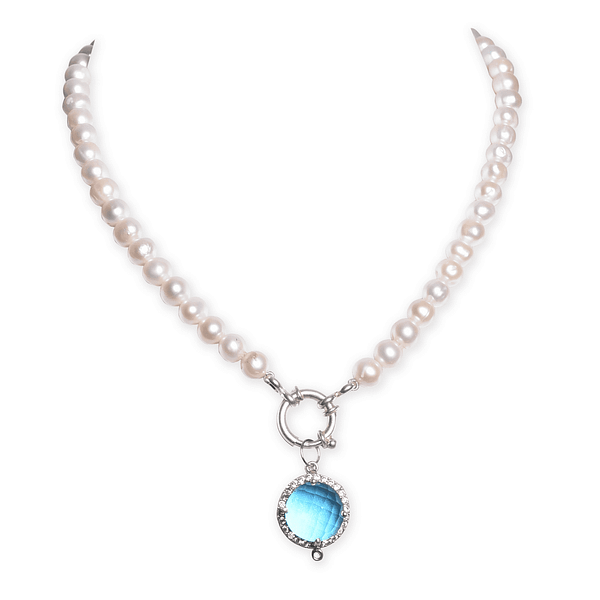 Pearl Necklace with Blue Topaz Pendant